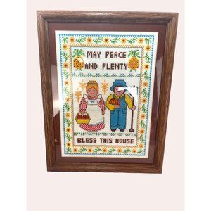 Vintage Cross Stitch May Peace and Plenty Bless This House 11”x14”